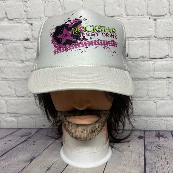 Rockstar Energy Drink Hat Cap Snapback White Trucker Mesh Rope Print Logo Sports - Picture 1 of 10